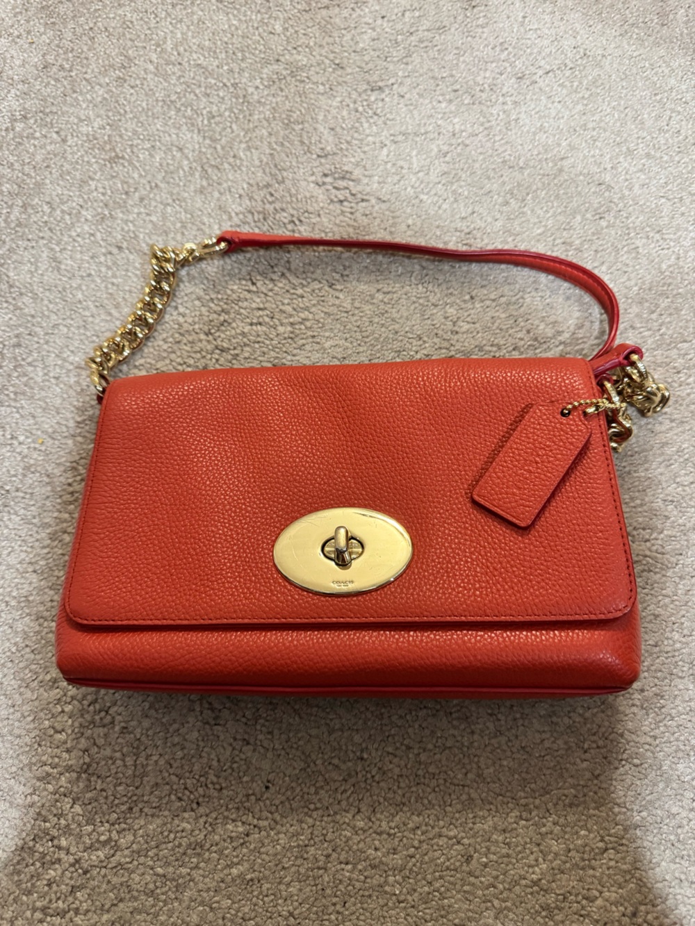 Coach Orange-Red Pebbled Leather Shoulder Bag with Gold Hardware